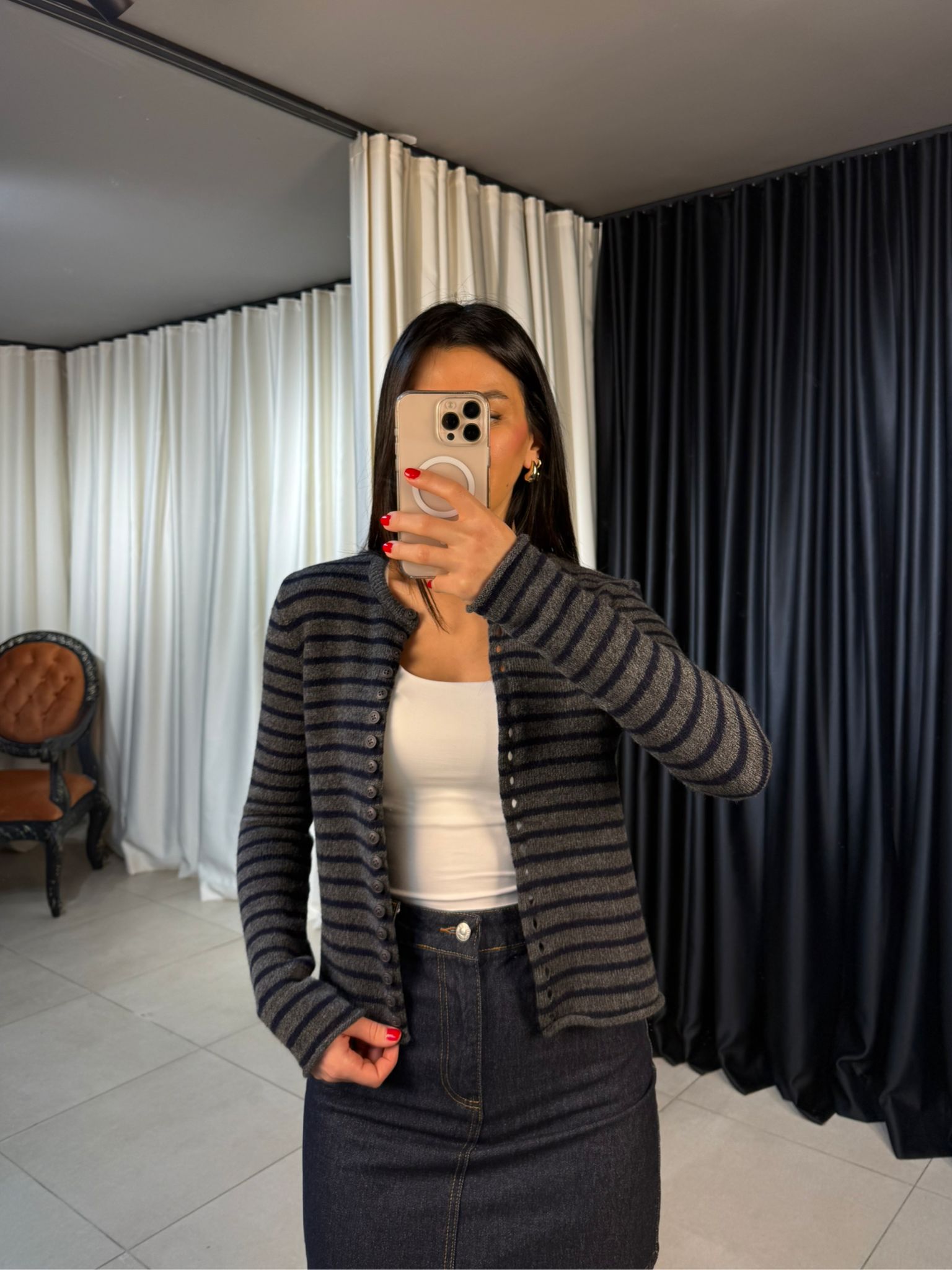 Çizgili Düğmeli 2 Renk Triko