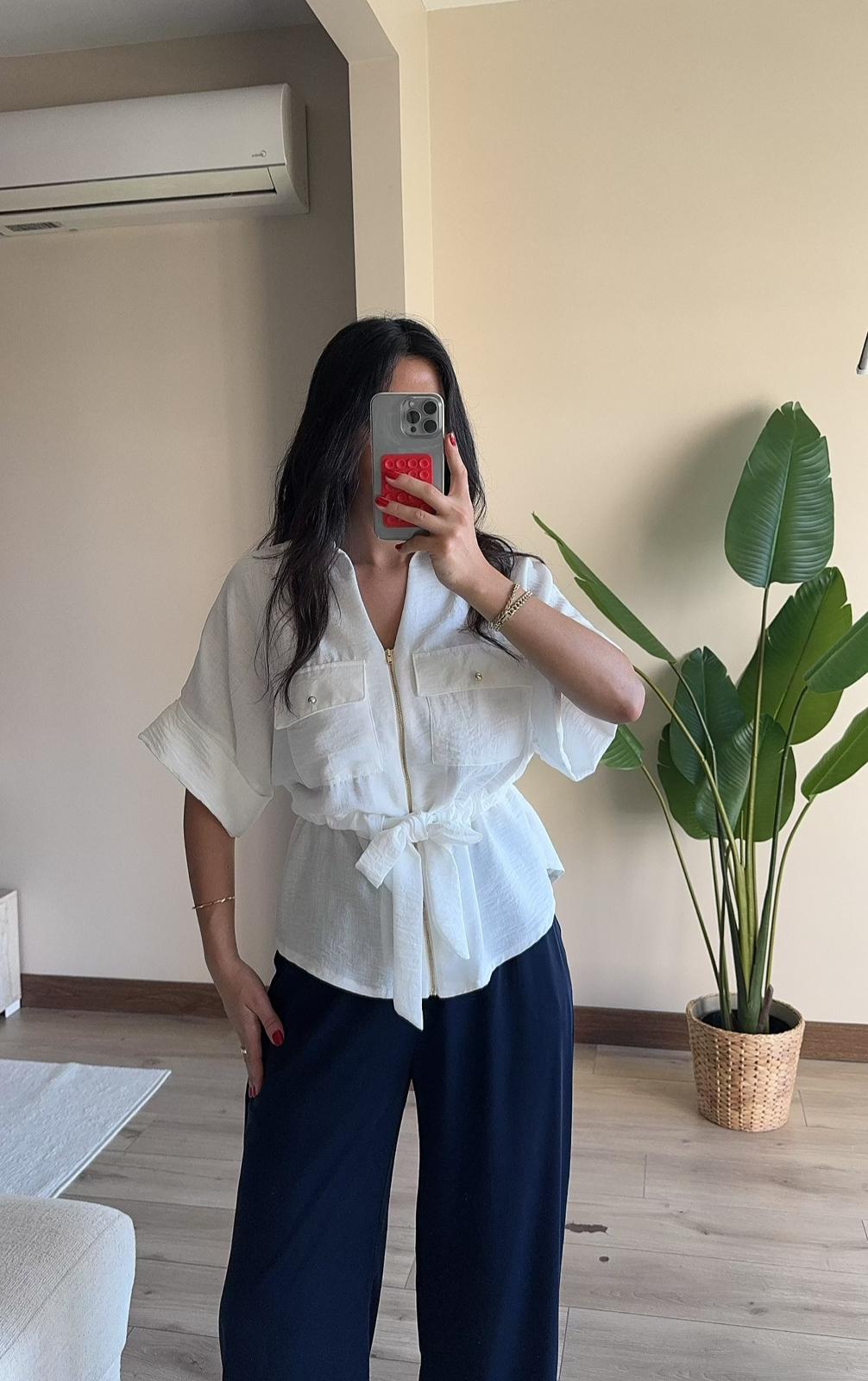 Oversize Bel Bağlamalı Gömlek - BEYAZ