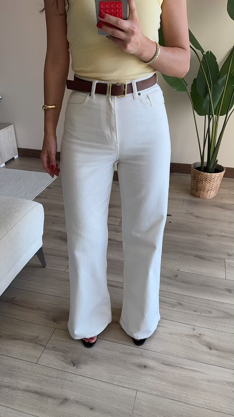 Kendinden Kemerli Beyaz Denim Pantolon