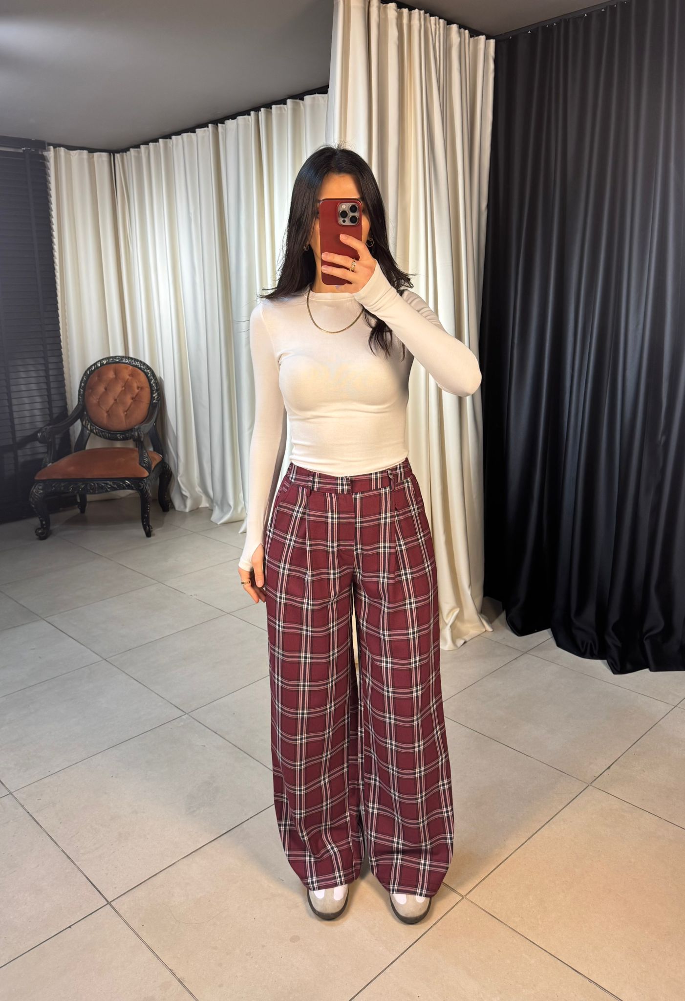 Kuşaklı Ekose Desen Pantolon