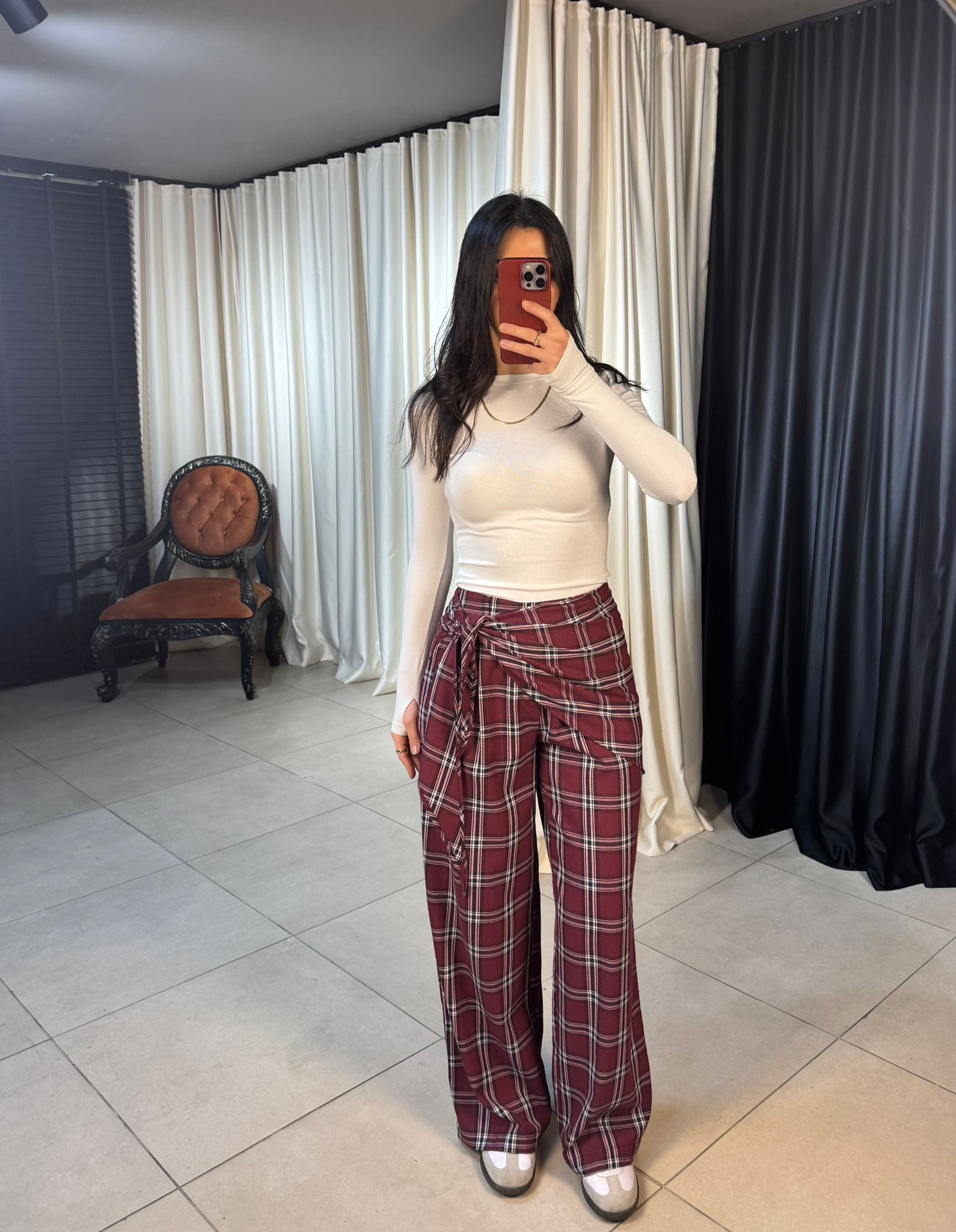 Kuşaklı Ekose Desen Pantolon - BORDO