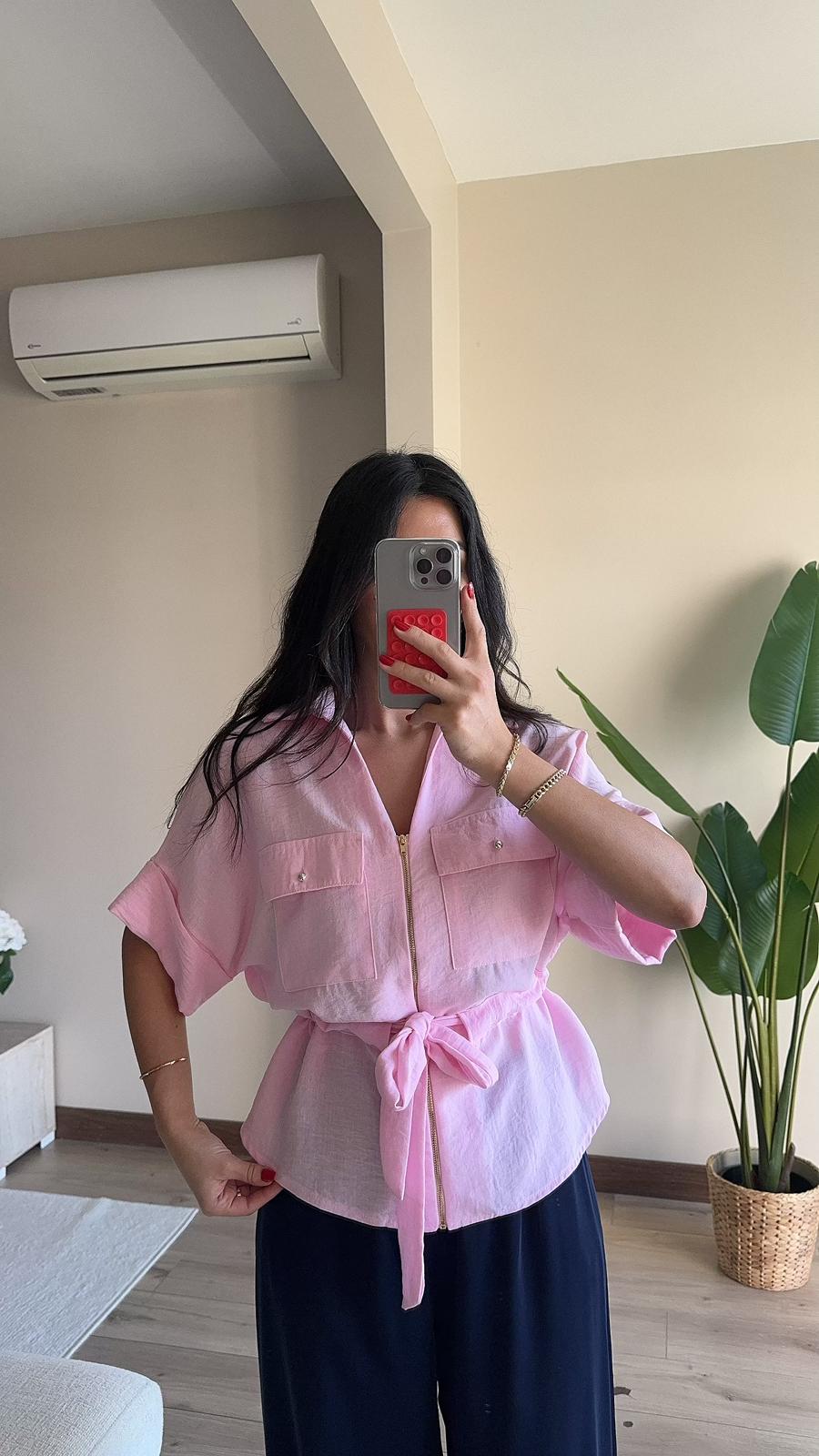 Oversize Bel Bağlamalı Gömlek - PEMBE