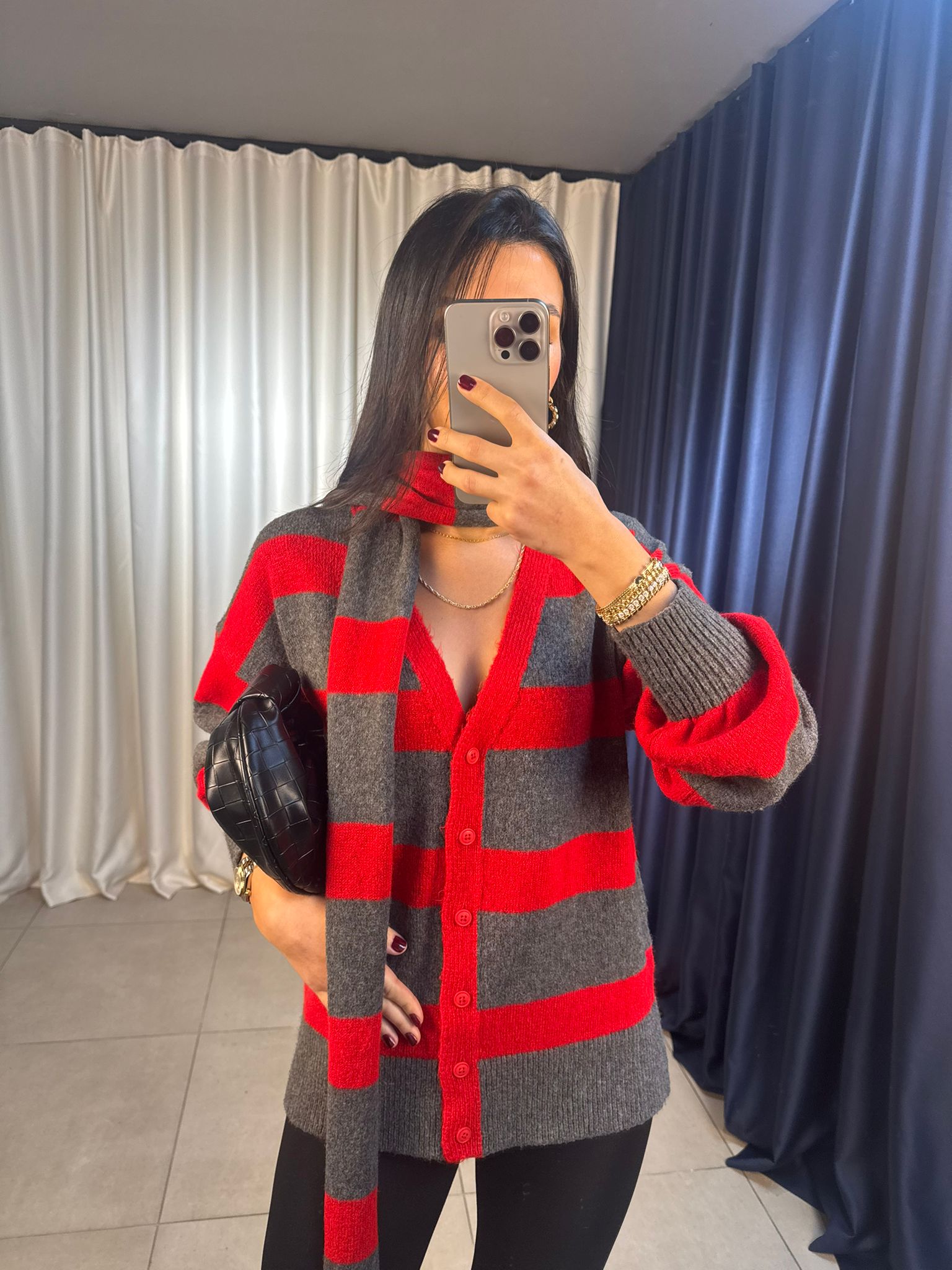 Atkılı Çizgili Hırka Kırmızı Antrasit