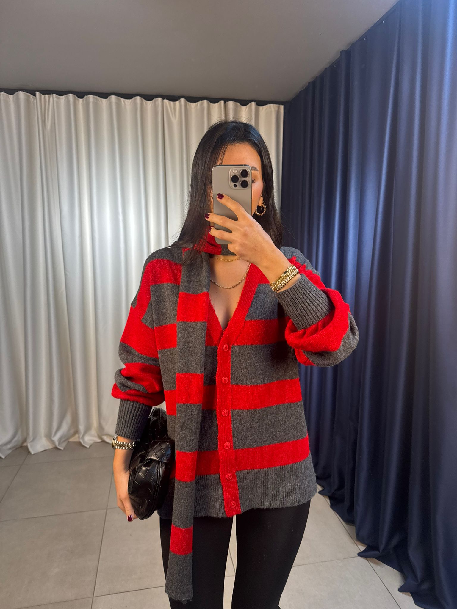 Atkılı Çizgili Hırka Kırmızı Antrasit