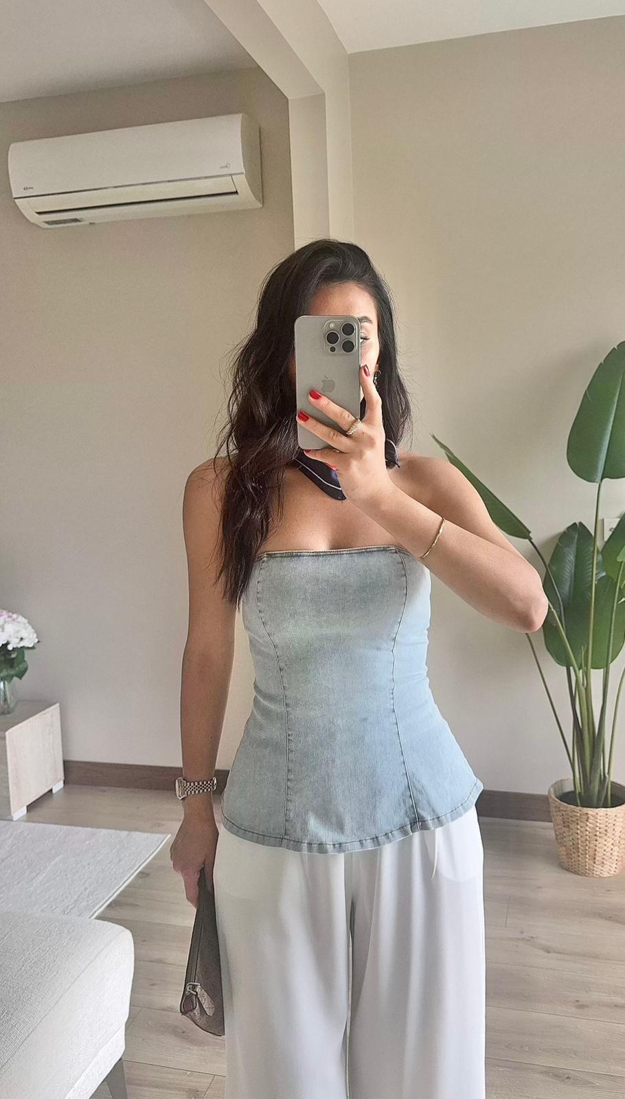 Denim Büstiyer Sırt Fermuarlı