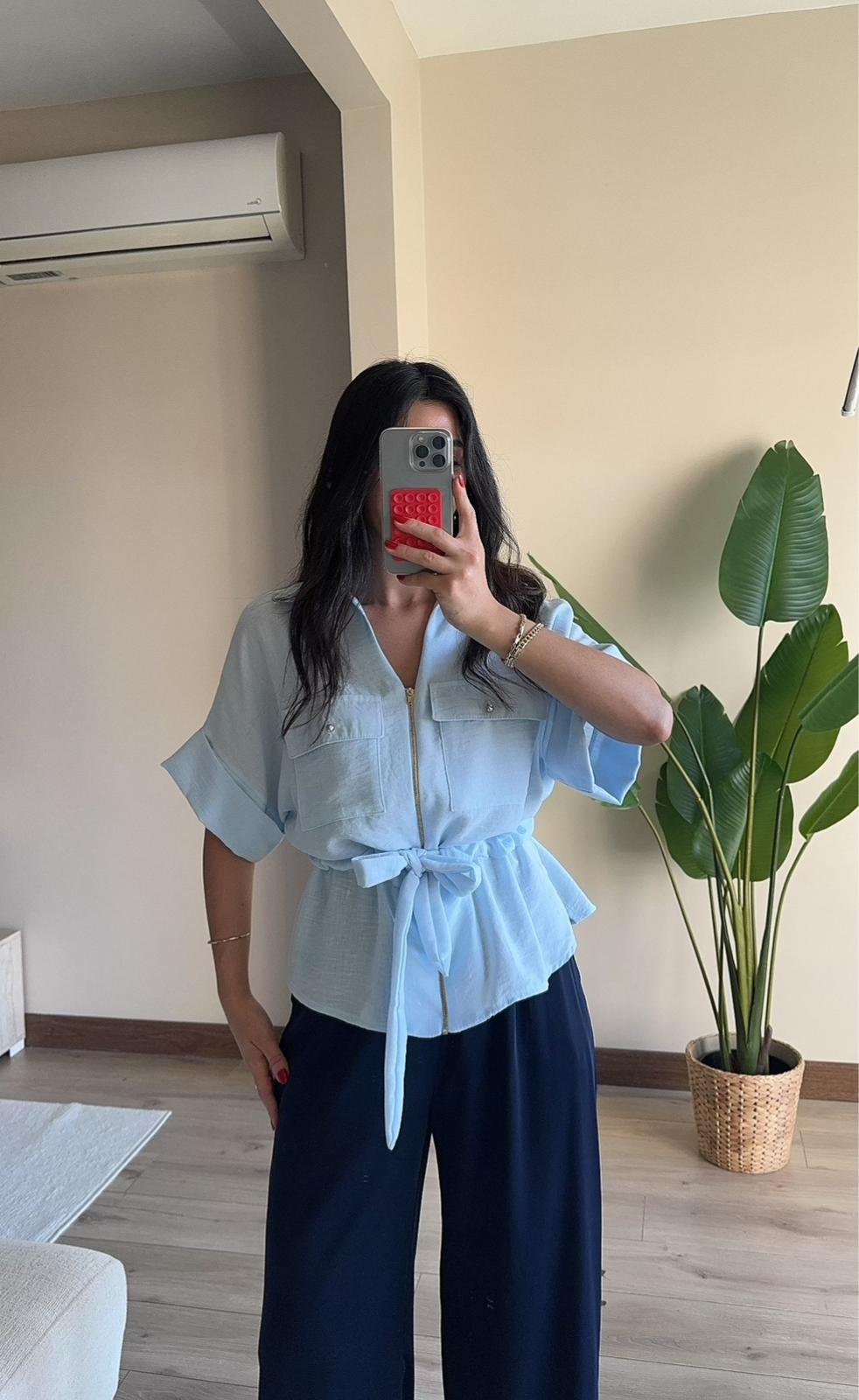 Oversize Bel Bağlamalı Gömlek - MAVİ