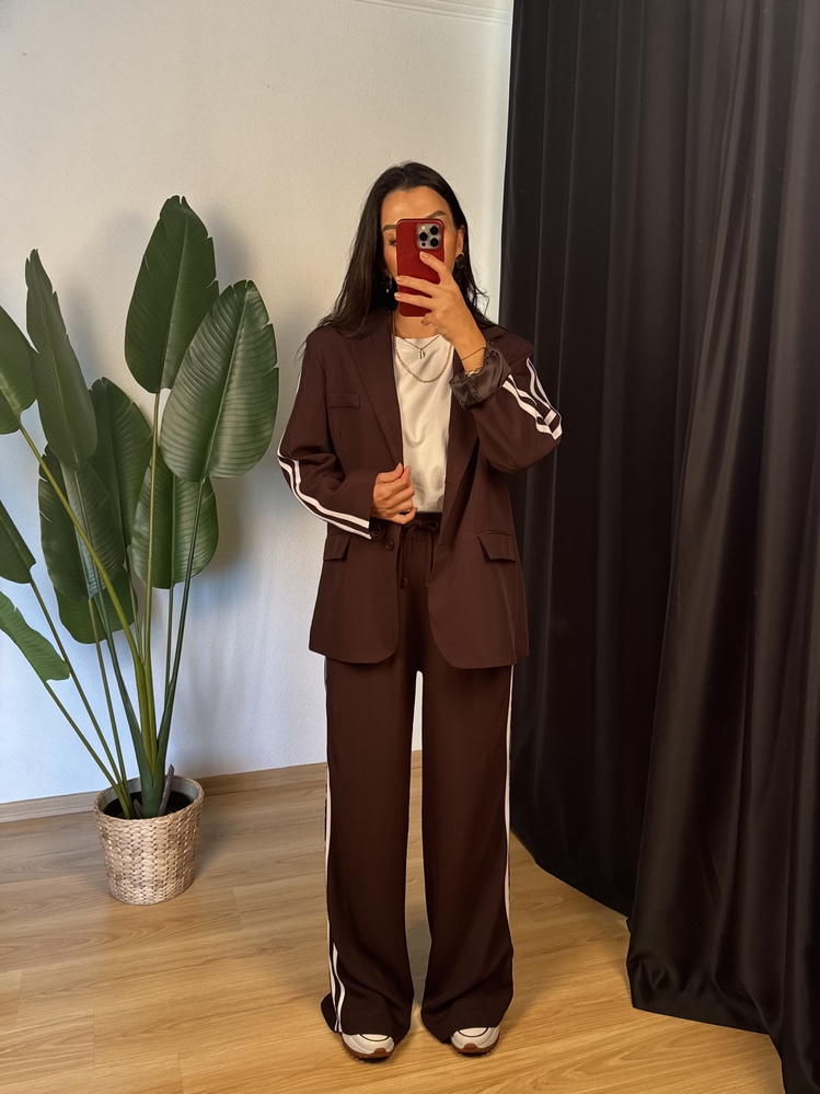 Blazer Ceket Palazzo Pantolon Şeritli Takım