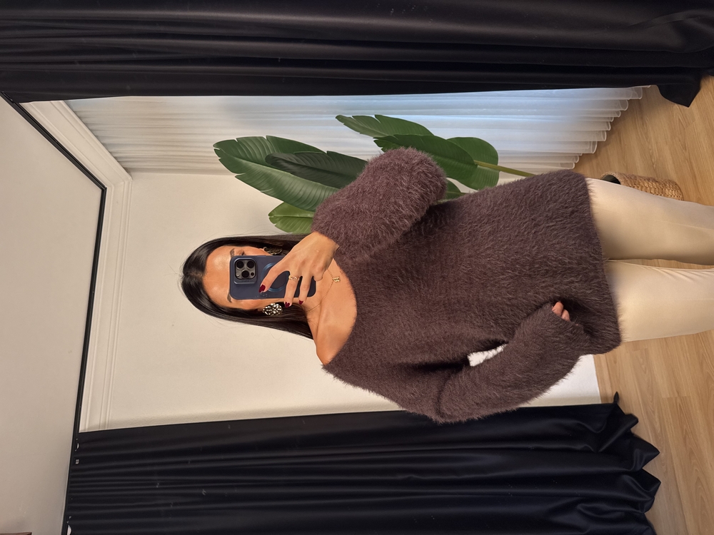 Oversize Tüylü Kazak KAHVERENGİ