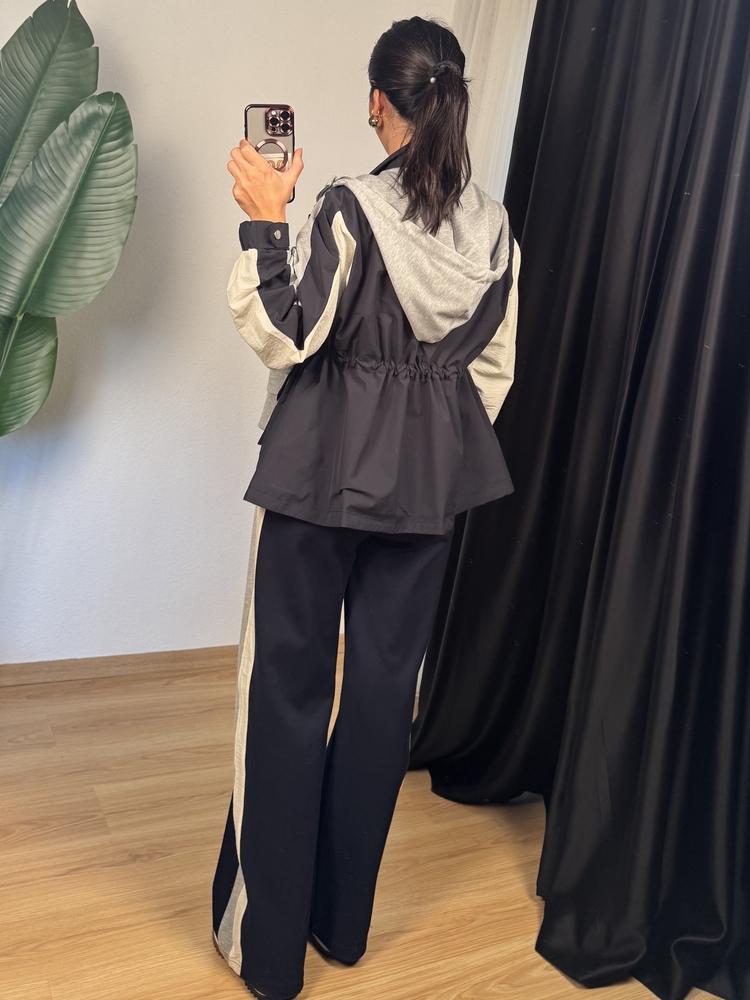 Lacivert Gri Kapüşonlu Garnili Takım