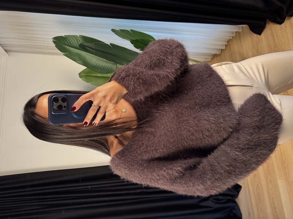 Oversize Tüylü Kazak KAHVERENGİ