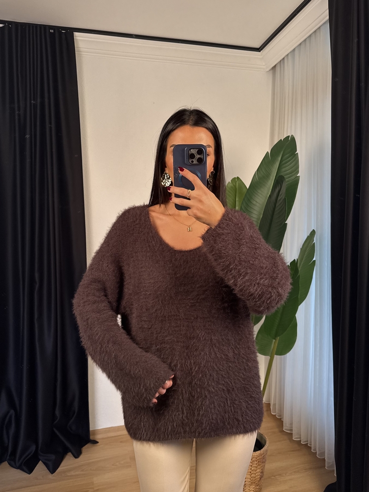 Oversize Tüylü Kazak KAHVERENGİ